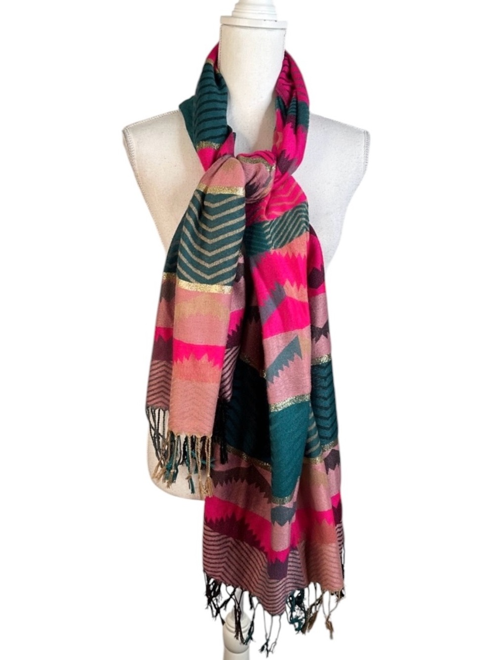 Forever 21โ Multi Color Pink Green Gold Geometric Print with Fringe Scarf